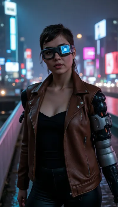 A masterful cinematic photograph, the pinnacle of photorealistic cyberpunk portraiture. The central subject is a strikingly beautiful 22-year-old cyberpunk woman with sharply defined features and luminous electric cyan eyes revealing intricate iris detail. She wears a brown leather jacket with visible surface scuffs and deep creased texture, worn wide open over tight-fitting black leather pants with reinforced stitching and metallic zippers, reveling her breasts.

Her hair is styled in a sharp, edgy cyberpunk mohawk glistening with rainwater. Affixed directly over her right eye is an intricate square cybernetic monocle implant, a dark optical frame with reinforced brass-and-copper housing, featuring a glowing cyan HUD lens with flickering micro-data streams, tiny crosshairs, and holographic UI elements projected onto her pupil. Delicate silver wires, micro-solder points, and hyper-detailed copper circuits branch out from the frame, running seamlessly along her cheekbone and anchoring into her temple with small titanium dermal studs.

Her entire left arm is a heavy industrial cybernetic prosthesis made of segmented matte-finish titanium plates, visible rotating mechanical elbow joints, exposed bundled copper and fiber-optic cables emitting a faint blue glow, hydraulic piston actuators along the forearm, and articulate robotic fingers gripping a railing.

She stands in a relaxed, confident pose on a rain-slicked, elevated steel walkway overlooking a vast, neon-bathed nocturnal megacity. Her expression is serene, piercing, and intensely cinematic. The rendering captures raw organic skin texture, including subtle micro-pores, fine downy hair, and realistic water droplets trickling down her cheeks.

The setting is a rain-soaked cyberpunk metropolis in the dead of night, featuring colossal skyscrapers, floating holographic advertisements, and a dense fog stretching to the horizon. A walkway descends toward a flooded, glowing esplanade below that reflects the brilliant neon lights. The scene is bathed in dramatic, high-contrast volumetric lighting—blending deep magenta, teal, and electric cyan—that cuts through the thick atmospheric haze and driving rain. Captured with a professional 85mm prime lens at f/1.4, cinematic depth of field, razor-sharp focus on the face, soft-bokeh background, hyper-realistic fabric textures, natural leather creases, volumetric light rays, 8k resolution.