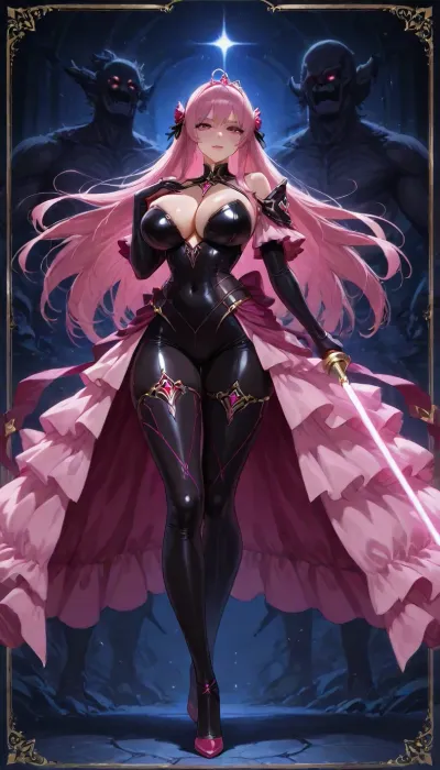 Score_10, A photorealistic, full-body portrait of a tall, striking adult woman elegant Sith Lord. Preserve her natural appearance and proportions. She has a long, softly sculpted oval face with a gently tapered jaw, narrow rounded chin, and a smooth forehead. Her eyebrows are thin, sexy shaped and softly arched. Her large almond-shaped eyes are naturally light green-hazel with a darker outer rim, framed by long, dense eyelashes. As a Sith, transform her irises into luminous amber-gold with subtle fiery orange undertones while maintaining their original shape. She has a slender, straight nose with a softly rounded, tip. Her lips are normal and sexual, with a Cupid’s bow, and soft natural pink coloring. Her complexion is warm and dark sun-kissed with realistic darkly tanned skin, Neon Pink hair is long and curly, majority is swept back dramatically.
She has a slender neck, gently sloping shoulders and a tall, distinctly curvaceous hourglass figure. Her bust is, her rib cage and midsection narrow, and her waist defined with thin hips. Her arms are long and lean with soft natural definition, hands are slender with medium fingers. full shapely thighs and long, proportionate legs. Keep her anatomy realistic, feminine and naturally balanced. sexy lingerie battled hardened Sith Lord rather than a bulky armored soldier. Her fitted Sith ensemble is predominantly anodized pink and metallic black, following the contours of her tall hourglass figure, with elegant, subtle armor panels and polished metallic-pink detailing. flowing black Sith cloak that moves dramatically behind her. Her posture is upright and commanding, shoulders back, chin slightly raised, conveying controlled confidence and quiet danger.
In one hand she holds a spectacular custom pink lightsaber. The blade is brilliant hot-magenta pink, vivid pink atmospheric glow illuminating her face, hand and surrounding surfaces. Its hilt is luxurious polished black onyx, with pink diamond, slender and elegant, dark inset grip sections, intricate mechanical detailing and an ornate sculpted emitter. Give her a calm, sexual expression rather than exaggerated anger. Her bright neon pink eyes, elegant appearance and composed demeanor should contrast with the threatening energy of the weapon. Use cinematic dramatic lighting, realistic skin, hair and fabric detail, subtle atmospheric haze, strong pink reflections from the lightsaber, deep shadows, and mirrored highlights. Full body, head-to-toe composition, realistic proportions, high-end cinematic, pink perfect eyes, huge breasts, <lora:princess_xl_v2:.8>, dress, <lora:xl_princess_dress-2.0:.8>, Bl4ckF1r3, woman, blackhair, outfit, bodysuit, <lora:Blackfire:.8>, sapphire, (jewel, princess), short, hair, ahoge, blue, eyes, medium, breasts, ornament, ribbon, <lora:eea6761f-fe03-461b-b012-c132ffe0dbe4.TA_trained:.8>, Z4r4, Th3, Pr1nc3ss, M4g1c14n, princess, weapon, attack, pose, monster, <lora:Zara_The_Princess_Magician:.8>