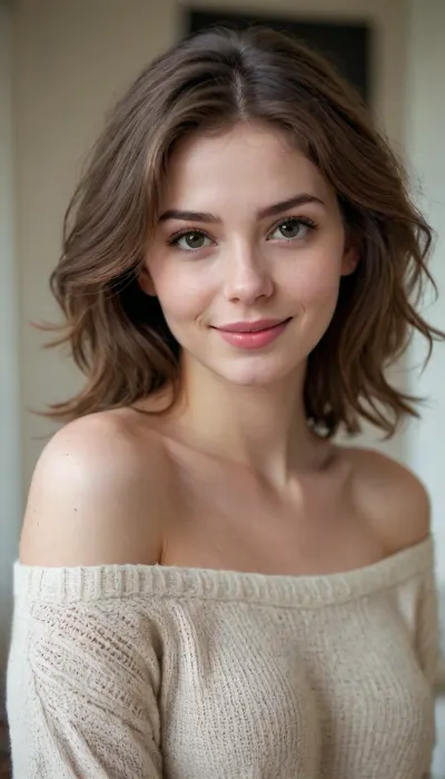 beautiful sexy slender young lady, hot sweaty pale white skin, kind soft, flirty eyes, flirty smirk smile, rough tangled brown hair, soft cozy cream jumper drop shoulder, bare exposed pussy, exposed shoulder, thighs