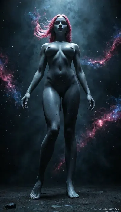(Full body portrait), of Ellen Joe as a colossal cosmic shark-human giantess, (extreme scale disparity), towering over a miniature swirling galaxy, legs spread wide in a dominant and provocative posture, a ultra_micro-super-tiny-sized fragile human being drawn toward her exposed opened, (detailed intimate anatomy), surreal erotic cosmic void, celestial nebula clouds swirling around her thighs, (hyper-detailed anime character render), soft expressive facial features, playful and hungry expression, glowing cosmic energy emanating from the point of contact, ethereal lighting, cool violet and deep indigo tones, shimmering starlight illuminating her skin, (high-definition cel-shading), vibrant anime color palette, soft gradients, cinematic low-angle perspective from the world below, surreal atmosphere, (masterpiece), high-quality 3D digital art, Kyoto Animation aesthetic, crisp line art, volumetric space dust, (high-fidelity anime render), 8k resolution, trending on Pixiv, masterpiece, highres, ultra-detailed a beautifully detailed anime-inspired visual style focused on soft, expressive, high-definition character rendering. masterpiece