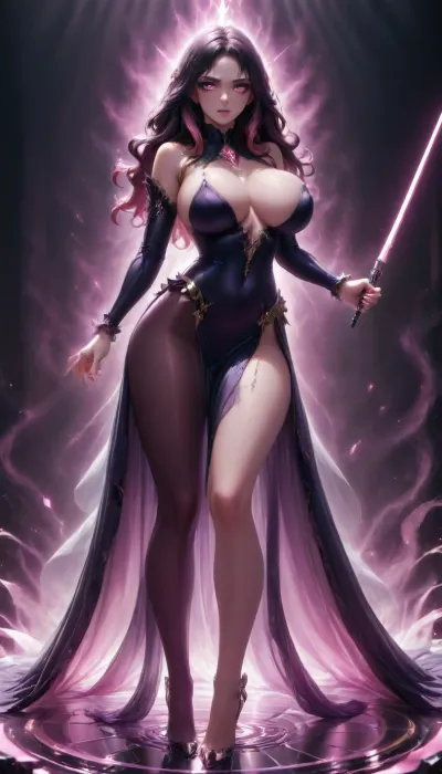 Score_10, A photorealistic, 18-year-old, full-body portrait of a tall, striking adult woman elegant Sith Lord. Preserve her natural appearance and proportions. She has a long, softly sculpted oval face with a gently tapered jaw, narrow rounded chin, and a smooth forehead. Her eyebrows are thin, sexy shaped and softly arched. Her large almond-shaped eyes are naturally light green-hazel with a darker outer rim, framed by long, dense eyelashes. As a Sith, transform her irises into luminous amber-gold with subtle fiery orange undertones while maintaining their original shape. She has a slender, straight nose with a softly rounded, tip. Her lips are normal and sexual, with a Cupid’s bow, and soft natural pink coloring. Her complexion is warm and dark sun-kissed with realistic darkly tanned skin, Neon Pink hair is long and curly, majority is swept back dramatically.
She has a slender neck, gently sloping shoulders and a tall, distinctly curvaceous hourglass figure. Her bust is, her rib cage and midsection narrow, and her waist defined with thin hips. Her arms are long and lean with soft natural definition, hands are slender with medium fingers. full shapely thighs and long, proportionate legs. Keep her anatomy realistic, feminine and naturally balanced. sexy lingerie battled hardened Sith Lord rather than a bulky armored soldier. Her fitted Sith ensemble is predominantly anodized pink and metallic black, following the contours of her tall hourglass figure, with elegant, subtle armor panels and polished metallic-pink detailing. flowing black Sith cloak that moves dramatically behind her. Her posture is upright and commanding, shoulders back, chin slightly raised, conveying controlled confidence and quiet danger.
In one hand she holds a spectacular custom pink lightsaber. The blade is brilliant hot-magenta pink, vivid pink atmospheric glow illuminating her face, hand and surrounding surfaces. Its hilt is luxurious polished black onyx, with pink diamond, slender and elegant, dark inset grip sections, intricate mechanical detailing and an ornate sculpted emitter. Give her a calm, sexual expression rather than exaggerated anger. Her bright neon pink eyes, elegant appearance and composed demeanor should contrast with the threatening energy of the weapon. Use cinematic dramatic lighting, realistic skin, hair and fabric detail, subtle atmospheric haze, strong pink reflections from the lightsaber, deep shadows, and mirrored highlights. Full body, head-to-toe composition, realistic proportions, high-end cinematic, pink perfect eyes, huge breasts, Bl4ckF1r3, woman, blackhair, outfit, bodysuit, <lora:Blackfire:.8>, sapphire, (jewel, princess)