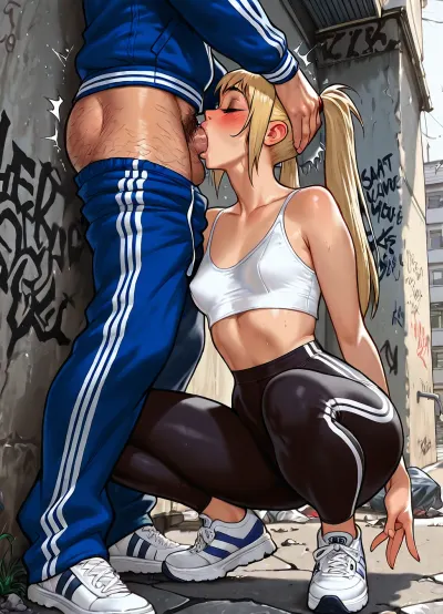 (Melkor Mancin:1.3), (Eastern European ghetto atmosphere), (grey apartment block, trash on ground, hiden place), (pleasured tough blonde Slavic slut), narrow hips, small breasts, leggings pulled down exposing her crotch, loose short top, soft bra, sneakers, ponytails, hard makeup, long eyelashes, (squatting rough deepthroat:1.2), emotional, cinematic, cartoon effects, hangover sex, (hard-looking Slavic street thug, aggressive expression, full navy tracksuit, graffiti, broken pavement, post-Soviet gritty vibe), hairy cock exposed, tired boy fuck girl, risky sex, deep shadows, realistic, cheating, hard cumming in her throat, side angle view, she want fuck