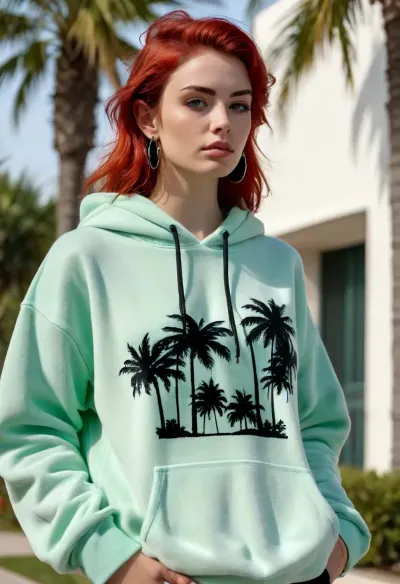 (masterpiece, best quality:1.2), 1 busty french 25yo woman, lasciviously and cheekily posing fashion influencer, (she wears a pale green colored velvet hoodie with black palm trees silhouette pattern:1.4), outside a modern angular minimalist style villa, short red hair, (modern styled with jewelry, earrings, bangles, necklaces:1.4), bright blue eyes, photorealism, <lora:style_lora_realis:.5>
