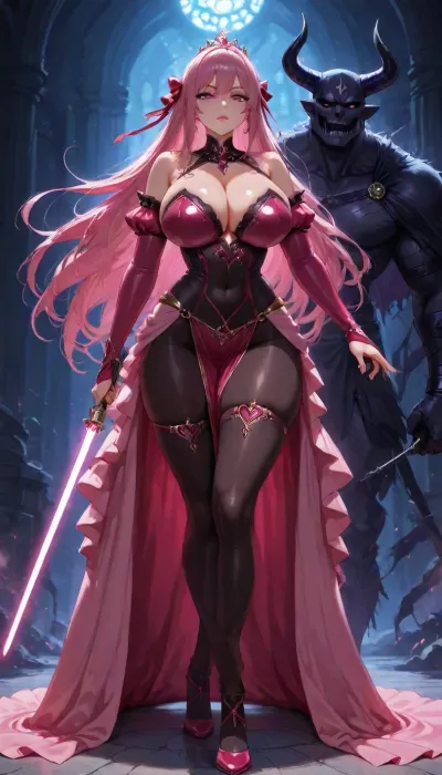 Score_10, A photorealistic, full-body portrait of a tall, striking adult woman elegant Sith Lord. Preserve her natural appearance and proportions. She has a long, softly sculpted oval face with a gently tapered jaw, narrow rounded chin, and a smooth forehead. Her eyebrows are thin, sexy shaped and softly arched. Her large almond-shaped eyes are naturally light green-hazel with a darker outer rim, framed by long, dense eyelashes. As a Sith, transform her irises into luminous amber-gold with subtle fiery orange undertones while maintaining their original shape. She has a slender, straight nose with a softly rounded, tip. Her lips are normal and sexual, with a Cupid’s bow, and soft natural pink coloring. Her complexion is warm and dark sun-kissed with realistic darkly tanned skin, Neon Pink hair is long and curly, majority is swept back dramatically.
She has a slender neck, gently sloping shoulders and a tall, distinctly curvaceous hourglass figure. Her bust is, her rib cage and midsection narrow, and her waist defined with thin hips. Her arms are long and lean with soft natural definition, hands are slender with medium fingers. full shapely thighs and long, proportionate legs. Keep her anatomy realistic, feminine and naturally balanced. sexy lingerie battled hardened Sith Lord rather than a bulky armored soldier. Her fitted Sith ensemble is predominantly anodized pink and metallic black, following the contours of her tall hourglass figure, with elegant, subtle armor panels and polished metallic-pink detailing. flowing black Sith cloak that moves dramatically behind her. Her posture is upright and commanding, shoulders back, chin slightly raised, conveying controlled confidence and quiet danger.
In one hand she holds a spectacular custom pink lightsaber. The blade is brilliant hot-magenta pink, vivid pink atmospheric glow illuminating her face, hand and surrounding surfaces. Its hilt is luxurious polished black onyx, with pink diamond, slender and elegant, dark inset grip sections, intricate mechanical detailing and an ornate sculpted emitter. Give her a calm, sexual expression rather than exaggerated anger. Her bright neon pink eyes, elegant appearance and composed demeanor should contrast with the threatening energy of the weapon. Use cinematic dramatic lighting, realistic skin, hair and fabric detail, subtle atmospheric haze, strong pink reflections from the lightsaber, deep shadows, and mirrored highlights. Full body, head-to-toe composition, realistic proportions, high-end cinematic, pink perfect eyes, huge breasts, <lora:princess_xl_v2:.8>, dress, <lora:xl_princess_dress-2.0:.8>, Bl4ckF1r3, woman, blackhair, outfit, bodysuit, <lora:Blackfire:.8>, sapphire, (jewel, princess), short, hair, ahoge, blue, eyes, medium, breasts, ornament, ribbon, <lora:eea6761f-fe03-461b-b012-c132ffe0dbe4.TA_trained:.8>, Z4r4, Th3, Pr1nc3ss, M4g1c14n, princess, weapon, attack, pose, monster, <lora:Zara_The_Princess_Magician:.8>