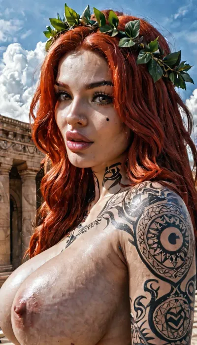Greek goddess, Aphrodite, in cloudy heavens, Mount Olympus, classical Greek temple, (luscious red hair, long hair), (big breasts, massive breasts), (tattoos:1.8), perfect body, beautiful, (detailed face, large eyes, brown eye color, high cheekbones, full lips), (highly detailed), (sexy pose), wearing laurel wreath