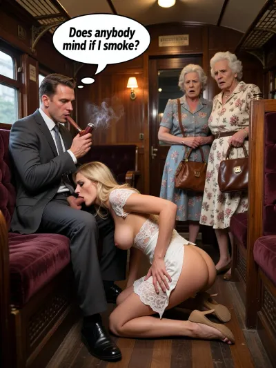 hyper-realistic masterpiece, 8k UHD, highly detailed, sharp focus, cinematic lighting, interior of an old-fashioned single compartment train carriage, mahogany wood paneling, plush velvet seats, vintage atmosphere. A man in a sharp charcoal business suit sits on one side, trousers pooled on the floor, fully erect penis. A blonde woman in a white lace minidress is on her knees in the carriage aisle, her head in the man’s lap, sucking his cock, massive exposed breasts, dress hem flipped up revealing buttocks. Opposite side, two elderly grannies in dowdy floral print dresses, clutching leather handbags, expressions of intense disgust and shock. The man is holding a classic tobacco pipe, a comic-style speech bubble above his head reading "Does anybody mind if I smoke?". Warm amber lighting, dust motes in air, rich textures of lace, wool, and wood, high contrast, photographic quality.