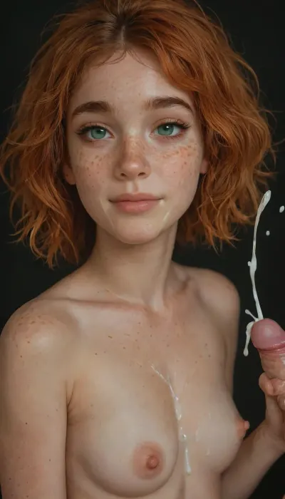 Side view, beautiful woman, perfect, 19yo girl, cute face, nude woman, extremely pale skin, very white skin, American, pale white skin, 100% pale skin, ((small breasts, upturned nipples)), eyes wide open, green eyes, ((freckles on face:1.8)), enjoying, short hair, faint smile on her face, ((handjob)), (small cock:1.6), bright orange hair, (smiling, closed mouth), (ejaculation:1.7), cum dripping from her chin, (cum on breasts, cum in cleavage:1.6), projectile cum, dark room, black background, <lora:SDXL_BetterFaces-LoRA_v1:.5>, <lora:add-detail-xl:.5>, <lora:detailed_notrigger:.5>