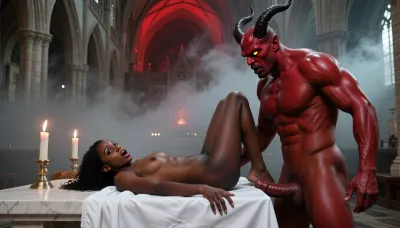 A hyper-realistic 8K DSLR photograph in landscape orientation, captured from a cinematic mid-angle. The scene is set inside the grand Gothic cathedral, now shrouded in a thick, eerie fog and illuminated by flickering torchlight and a blood-red glow from above. On the white marble altar, draped in a pristine white linen cloth, lies the beautiful young Ugandan woman with deep ebony skin. She is completely nude, her legs spread wide in a position of total vulnerability. Her soulful brown eyes are now wide with terror, and her crimson lips are parted in a silent scream of fright. Standing over her is a towering, muscular demon of a man. He has deep red, textured skin, massive curving black horns protruding from his forehead, and glowing, predatory yellow eyes. He is completely nude, showcasing a massive, powerful build and a huge, throbbing erect penis that is poised to enter her. The contrast between the demon's red skin, the woman's dark ebony skin, and the stark white of the altar cloth is visually stunning. Professional lighting with high contrast, deep shadows, and extreme anatomical detail on the skin textures of both beings.