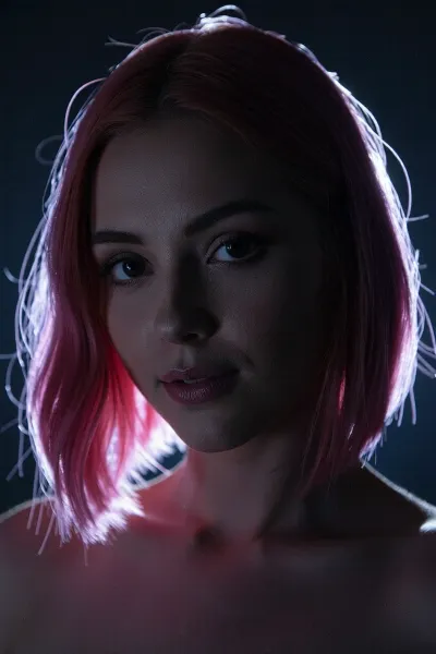 Close-up straight-on night portrait of a pretty woman with high cheekbones and a petite pointed chin. She has a jaw-length magenta-to-violet gradient bob, styled in an asymmetric swept-back wave with one side sleekly tucked behind her ear. Purely backlit silhouette lighting, a bright rim light glows through the edges of her hair, casting her entire face into deep, dark shadow. Large sensual eyes in razor-sharp focus peer through the darkness with dark limbal rings and subtle dim catchlights. Deep saturation, heavy vignette, soft bokeh, 35mm film grain.