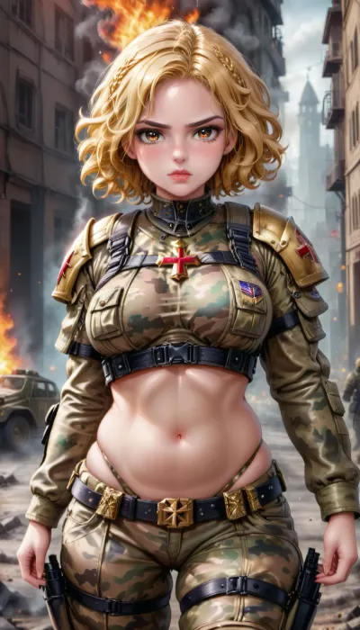 modern day female templar knight, crusader reimagined as elite soldier, tactical combat gear, camouflage thong, very chubby fat figure, short blonde bob haircut, messy wavy hair, red cross symbol integrated into gear, midriff, photorealistic female soldier face, serious expression, cinematic portrait realism, urban battlefield, burning vehicles, ruined church in background, smoke and dust in air, dramatic cinematic lighting, (masterpiece, best quality, ultra-detailed, photorealistic, 8k, RAW photo, HDR, realistic military textures, depth of field, global illumination, cinematic atmosphere, hyper-detailed fabric, leather, and metal)