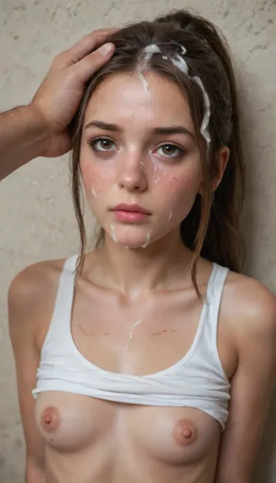 1girl, long hair, breasts, blush, small round breasts, tiny hard nipples, tiny areolas, brown hair, 1boy, closed mouth, bare shoulders, brown eyes, nipples, collarbone, upper body, ponytail, hetero, solo focus, clothes lift, looking to the side, lips, pov, nose blush, shirt lift, grabbing, arms tied behind her back, whip marks on tits, wet skin, tank top, grabbing her throat, freckles, (sad), (depressed), abused, ((crying)), (ruined makeup), tears, out of frame, nose, rough groping, (squeezing neck hard), choking, pov hands, against wall, deep skin, ribbed white tank top, firm breasts, (cum on face:1.8), (cum in hair:2), (long cum drips on chin)