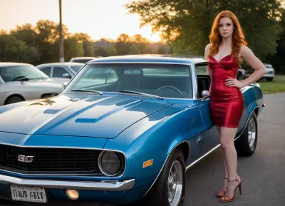 1969 LeMans Blue Chevrolet Camaro SS, Style street photo, solar rays, chrome reflections, standing before the dinner in USA at sunset, strong chubby young red hair girl leaning against the car