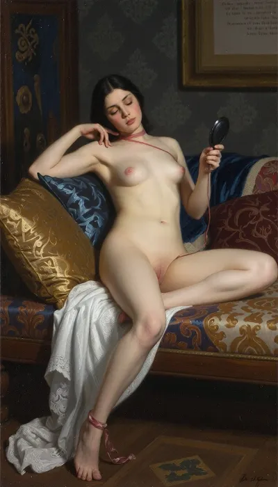 An oil painting in a classical, Symbolist style depicting a reclining nude woman. She is lounging on an ornate bed or sofa with patterned cushions in shades of gold, blue, and brown, with white lace fabric draped underneath. The woman has dark hair and a relaxed, introspective posture, holding a small hand mirror in her right hand and gesturing with her left hand near her head. She wears a thin red ribbon or cord tied around her neck and another around her left ankle. The background features a dark, textured wall with a framed panel containing indistinct text at the top right. Soft, dramatic lighting accentuates the contours of her pale body, with rich textures visible in the fabrics and painterly brushstrokes throughout the composition.