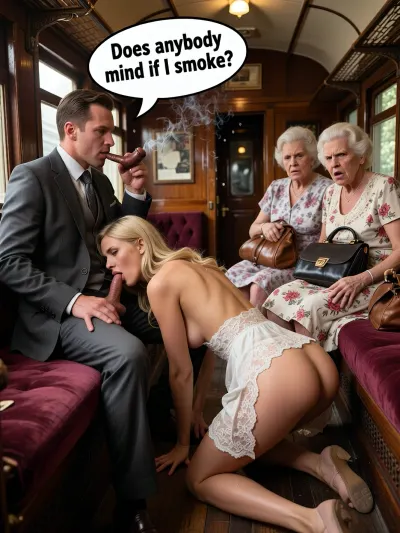 hyper-realistic masterpiece, 8k UHD, highly detailed, sharp focus, cinematic lighting, interior of an old-fashioned single compartment train carriage, mahogany wood paneling, plush velvet seats, vintage atmosphere. A man in a sharp charcoal business suit sits on one side, trousers pooled on the floor, fully erect penis. A blonde woman in a white lace minidress is on her knees in the carriage aisle, her head in the man’s lap, sucking his cock, massive exposed breasts, dress hem flipped up revealing buttocks. Opposite side, two elderly grannies in dowdy floral print dresses, clutching leather handbags, expressions of intense disgust and shock. The man is holding a classic tobacco pipe, a comic-style speech bubble above his head reading "Does anybody mind if I smoke?". Warm amber lighting, dust motes in air, rich textures of lace, wool, and wood, high contrast, photographic quality.