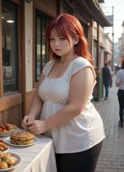 standing before the dinner in USA at sunset, strong chubby young red hair girl