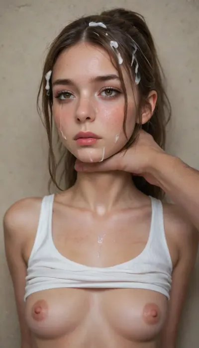 1girl, long hair, breasts, blush, small round breasts, tiny hard nipples, tiny areolas, brown hair, 1boy, closed mouth, bare shoulders, brown eyes, nipples, collarbone, upper body, ponytail, hetero, solo focus, clothes lift, looking to the side, lips, pov, nose blush, shirt lift, grabbing, arms tied behind her back, whip marks on tits, wet skin, tank top, grabbing her throat, freckles, (sad), (depressed), abused, ((crying)), (ruined makeup), tears, out of frame, nose, rough groping, (squeezing neck hard), choking, pov hands, against wall, deep skin, ribbed white tank top, firm breasts, (cum on face:1.8), (cum in hair:2), (long cum drips on chin)
