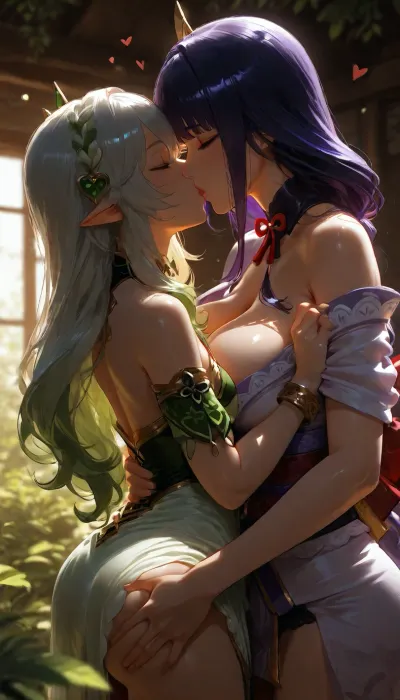 Raiden Shogun and Nahida from Genshin Impact adult girls. Size difference. Dressed., both women are hugging, grabbing ass. kissing, garden house in background, depth of field. Foreground blur, 4ng3l, heart shapes around. Dark background with leaves., (dappled light, dappled sunlight), . Photorealistic, Hyper-detailed, 8k resolution, Sharp focus, Masterpiece, ., <lora:MJ52:1.5>, <lora:attractive_notrigger:1.4>, <lora:BUT_SDXL_SHS:1.2>, <lora:dark:.9>, <lora:SDXL high detailed. LoRA_SDXL_ARW_0010:.8>