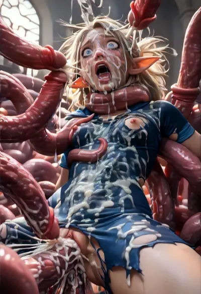 (((Diagonal View from below))), dick deep inside tiny female elf mage, (((fully clothed))), (((torn mage robes))), huge cum on tiny female elf pussy, ruined mascara, Tears, blonde, mouth open wide, (((shocked expression:1.5))), (((buldging eyes))), (((wide open eyes))), (((looking up))), (((head thrown back:1.3))), spread, perfect small boobs, naked, pretty elf, pointy ears, (small nipples), (small breasts:1.3), (perky breasts), thin waist small hips, small ass, female elf gangbanged by giant cocks, giant cocks bigger than her arm, hardcore sex, hardcore fucking, (giant cocks), (tentacle-shaped cock), (((restrained by tentacles sex:1.5))), (((excessive cum everywhere:1.5))), (((tentacle bukkake:1.5))), (((multiple tentacles cumhot:1.5))), tight vagina hard penetration open by tentacles, (((huge thick aliens tentacles bulging penetration vagina))), (((thicker tentacles strangling choking neck throat:1.3))), tentacles fantasy, (((captive))), (TENTACLES FUCKING VAGINA), (hard tentacles hold her struggling upper body1:1), body covered in tentacles, (torture hard penetration:1), (sexual torture sex:1), (((RESISTING TENTACLES))), vaginal penetration, massive cumshot, lots of cum, (excessive cum on clothes:1.6), cum on, (Cum flows:1.5), (cum on face:1.7), cum on hair, ((Clothes and face covered with semen:1.5)), cum everywhere, cum facial, masterpiece, high res, best quality, realistic