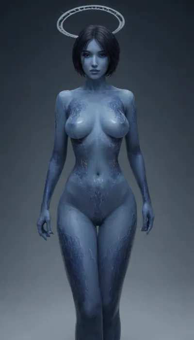 (Cortana:2), halo 4, (hologram:1.25), (transparent holographic woman:1.25), (Cortana from halo:2), (transparent skin:1.25), blue skin, digital veins, (translucent body:1.25), Blue face, dark blue hair, (spectral:1.25), glowing veins, see through her, dark blue digital patterns, athletic, healthy weight, (she's transparent:1.25), (she's a hologram:1.25), holograph, sci-fi, science fiction, halo, (holographic woman:1.25), sci-fi architecture, hologram display, hologram projector, hologram emitter, console, holographic keypad, bright glowing veins, pulsing patterns, rampancy, ai, sentient ai, scifi, symmetrical tattoos, symmetrical patterns