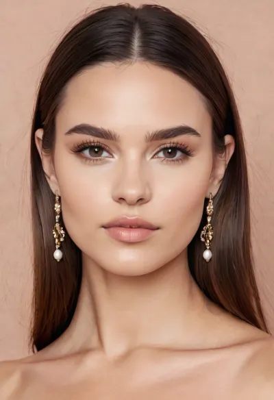 Ultra-realistic close-up portrait of a young adult woman, faithfully matching the provided reference image. Preserve her distinctive facial geometry, natural proportions, and individual appearance as accurately as possible.

FACE, Elegant, elongated oval face, light ivory skin with a neutral-warm undertone, relatively high smooth forehead, softly defined cheekbones, slim tapered jawline, delicate rounded chin. Harmonious facial proportions, subtle natural asymmetry, refined feminine features, realistic anatomy.

EYES, Almond-shaped, medium-large eyes with slightly lifted outer corners and a visible upper eyelid crease. Muted hazel-green irises blending olive, grey-green and warm tones, darker limbal rings, detailed iris fibers and natural catchlights. Thick, dark brown, naturally full eyebrows with a mostly horizontal shape and gentle arch. Black eyeliner following the upper lash line, extending into fine, elegant upward wings. Long, dark, separated upper eyelashes, subtle lower lashes, softly blended neutral taupe eyeshadow. Direct eye contact, calm and confident gaze.

NOSE, Slim, straight, narrow nasal bridge, delicate proportions, softly rounded tip, small natural nostrils. No pronounced hump, no exaggerated upturn. Subtle realistic highlights along the bridge and tip.

LIPS, Naturally full, sculpted rosy-pink lips, lower lip slightly fuller than upper lip, clearly defined but softly rounded Cupid's bow. Medium mouth width, gently lifted corners, subtle closed-mouth smile. Glossy, hydrated pink finish with realistic reflections and fine lip texture. No visible teeth, no exaggerated filler effect.

SKIN, Light ivory-beige complexion with subtle peach undertones and natural rosy cheeks. Healthy satin glow, realistic pores and fine skin texture, soft natural highlights on cheekbones, forehead and nose. Delicate shadows beneath cheekbones and chin. Professional soft-glam makeup, lightweight natural-looking foundation, subtle blush and minimal contouring. No excessive retouching, no plastic skin.

HAIR, Very long, thick, dense dark chocolate-brown hair, almost espresso brown in shadows, with subtle warm chestnut reflections. Precise central part extending from the front hairline, naturally dark roots, smooth crown with moderate volume. Hair frames both sides of the face and falls over the shoulders in loose, soft, irregular waves. Silky yet natural texture, substantial volume through the lengths, individual strands, delicate flyaways around the crown and temples. No bangs, no blonde highlights, no reddish or jet-black color. Healthy, dimensional, naturally flowing hair extending well below the chest.

EXPRESSION AND COMPOSITION, Head upright, facing directly forward, centered symmetrical-looking composition, eyes aligned horizontally, natural head proportions, relaxed facial muscles, composed expression and faint confident smile. Close-up head-and-shoulders framing, face clearly visible and dominant.