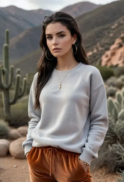 (masterpiece, best quality:1.2), 1 Colombian 25yo woman, latin beauty, fashion influencer, (she wears a grey and dark apricot sweatshirt and dark apricot velvet sweat pants, high sneakers:1.4), she is hiking outdoors in the sierra, landscape with cacti, long slicked-back black hair, (modern styled with jewelry, earrings, bangles:1.4), brown eyes, photorealism, <lora:style_lora_realis:.5>, <lora:slicked-back_hair-000006:.5>