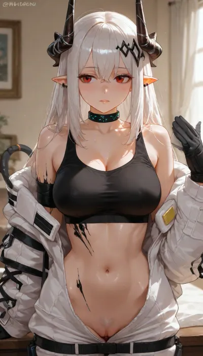 high quality semi-realistic anime render, 1girl, solo, flat tiny breasts, beauty girl, pubic hair, clitoris, she stay in fashion model pose, cozy girl bedroom.

a beautiful character with balanced proportions and well-made, Mudrock from Arknights, she has red eyes, long white hair, horns, pointy ears, medium breasts, and oripathy lesions. Wearing open white jacket, a black sports bra crop top with sarashi, black gloves, black choker, open white jumpsuit, the character has an hourglass figure with narrow waist and large hips, long hair, messy hair, hime cut, crossed bangs, the character is hot, flushed face, sweat on skin, fanning the body, the character is making eye contact