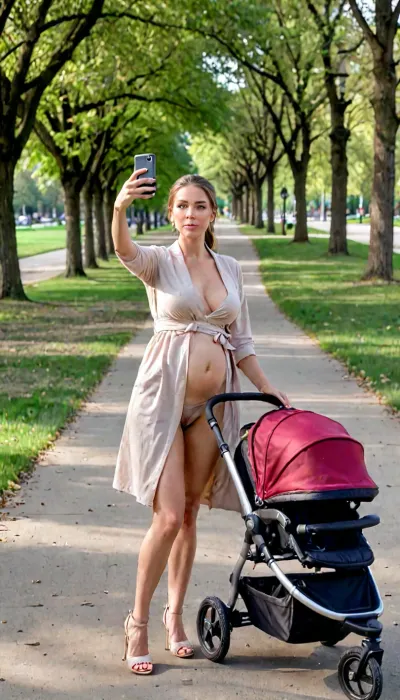 A young nude woomen European-looking mother in high heels and an open robe—her hair in a ponytail, with large, sagging breasts and a poorly shaved pubic area—walks briskly through a park pushing a bab stroller. She is taking a selfie with one hand while pushing the stroller with the other. Wide shot., (walking with a bab stroller), (holding a phone and taking a selfie with one hand, holding the stroller with the other), (walking with a детской stroller), <lora:sunlight_str1-SDXL_v1-dim64-steps1691:2>, <lora:crying:.3>, <lora:LCMTurboMix_Euler_A_fix:2>