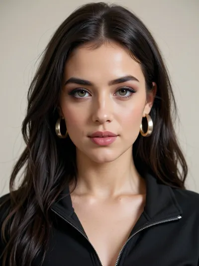 Ultra-photorealistic head-and-shoulders portrait of the same young adult woman as the reference image. Preserve her exact facial identity, face shape, feature placement, and natural proportions. Light neutral-warm ivory skin, softly elongated oval face, refined cheekbones, slim gently tapered jawline, delicate rounded chin, straight narrow nose with a softly rounded tip, naturally full rosy-pink glossy lips with a defined Cupid's bow and a subtle closed-mouth smile. Almond-shaped hazel-green eyes with muted olive and grey-green tones, dark limbal rings, thick dark brown natural eyebrows, precise black winged eyeliner, long separated lifted upper lashes, subtle taupe eyeshadow. Very long, dense dark chocolate-brown hair with a precise middle part, smooth dark roots, loose natural waves, soft chestnut reflections, and fine flyaway strands. Medium chunky polished champagne-gold hoop earrings. Minimal matte black zip-front top with a slightly raised collar and an open V-shaped neckline. Direct eye contact, calm confident expression, head upright, shoulders relaxed, symmetrical frontal composition. Plain warm off-white and light-grey studio wall, soft diffuse frontal daylight, gentle natural shadows, realistic skin pores, fine facial texture, accurate anatomy, authentic optical rendering, full-frame camera, 85 mm portrait lens, eye-level viewpoint, crisp eyes and eyelashes, realistic hair strands, high dynamic range without artificial HDR, professional natural-glam beauty photography, lifelike colors, exceptionally realistic photograph, no beauty filter, no CGI, no plastic skin. Use the uploaded image as the primary identity reference and preserve the original facial geometry.