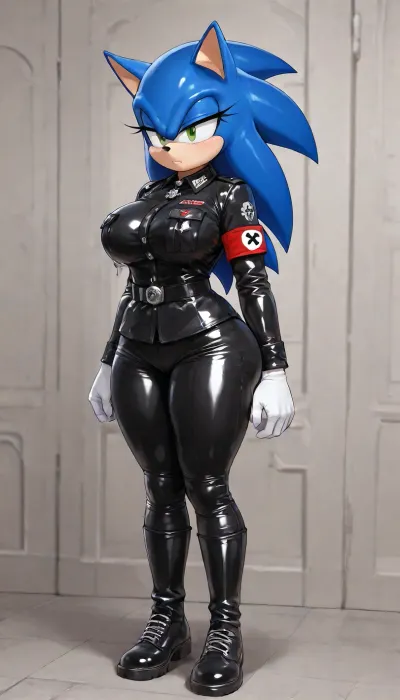 (Genderbent Sonic the Hedgehog:1.6), adult female Sonic, anthropomorphic hedgehog with vibrant cobalt-blue fur, long flowing blue quills, bright emerald-green eyes, soft peach-colored muzzle/chest/inner ears, large perky breasts covered in peach fur, narrow athletic waist, wide hips, thick toned thighs, firm round ass, white gloves, red-and-white sneakers, wearing, (full black leather Nazi uniform with red armband:1.5), form-fitting black leather tunic and trousers, high stiff collar with rank tabs, polished black leather belt and cross-strap, tall black leather boots, iconic bright red armband with white circle and black swastika on the left upper arm, glossy leather texture that catches the light and clings tightly to the body