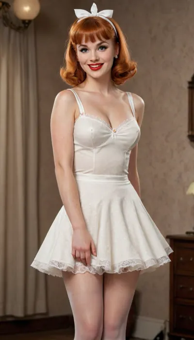 best quality, ultra-detailed, masterpiece, finely detail, highres, caucasian redhead woman, smile, 1960s, straight cut bangs, 1960s pinup model, happy woman, 50s photorealistic, realistic photo, Pinup, very happy, Pin up style, very realistic woman, full body visible, slim Woman, 40 years old, beautiful pin up style, white stocking, retro lingerie, perfect lighting, retro style, professional modelshoot style 8k high definition, vintagemuse, vim1, circle dress, <lora:vintagemuse:1.1>, loasha, looking, ashamed, with, hands, on, face, <lora:LookingAshamed.1.0:.8>