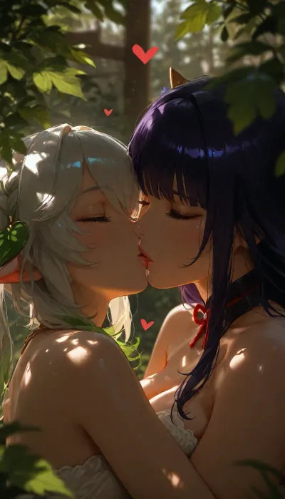 Raiden Shogun and Nahida from Genshin Impact, both women are hugging, kissing, garden house in background, depth of field. Foreground blur, 4ng3l, heart shapes around. Dark background with leaves., (dappled light, dappled sunlight), . Photorealistic, Hyper-detailed, 8k resolution, Sharp focus, Masterpiece, ., Fleshy, lips, Puffy, Detailed, wide, <lora:MJ52:1.5>, <lora:attractive_notrigger:1.4>, <lora:BUT_SDXL_SHS:1.2>, <lora:dark:.9>, <lora:Lips._Fleshy_lips_Anime-000009:.8>