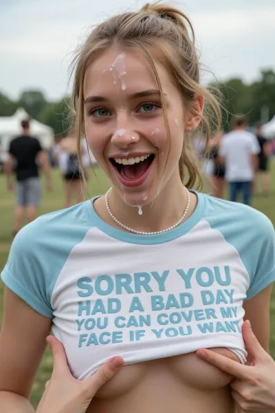 A candid, medium close-up photograph of a young tall skinny woman with fair skin and blonde hair pulled back in a messy ponytail, with loose strands framing her face. She is laughing heartily with her eyes wide open and mouth open, displaying a joyful, genuine expression. She wears a white raglan t-shirt with light blue sleeves and a single-strand pearl necklace. The shirt features bold, light blue text reading "SORRY YOU HAD A BAD DAY YOU CAN COVER MY FACE IF YOU WANT." Two hands from the off are lifting the bottom hem of the shirt, groping her small breasts and twisting her nipples. a lot of cum dripping from her forehead and nose and lips and cheeks, one eye filled with cum, The background is a soft-focus outdoor scene, likely a grassy field at a festival or park, with blurred figures of people standing in the distance. The lighting is natural daylight, creating soft shadows and highlighting her facial features. The photography style is realistic and documentary-like, with a shallow depth of field that keeps the subject sharp while blurring the busy background.
