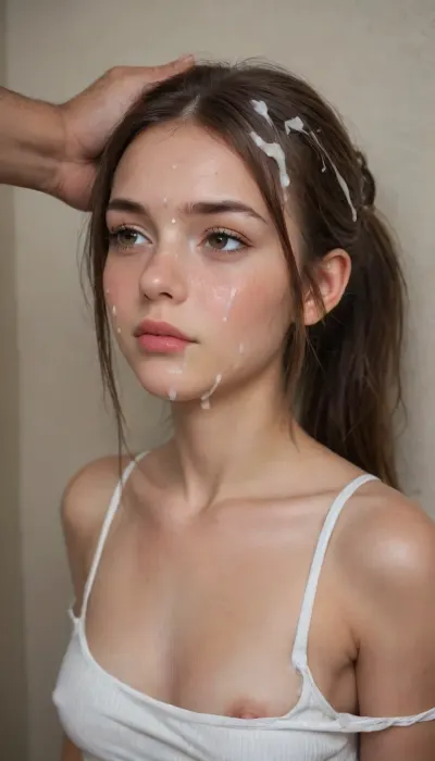 1girl, long hair, breasts, blush, small round breasts, tiny hard nipples, tiny areolas, brown hair, 1boy, closed mouth, bare shoulders, brown eyes, nipples, collarbone, upper body, ponytail, hetero, solo focus, clothes lift, looking to the side, lips, pov, no bra, nose blush, shirt lift, grabbing, arms tied behind her back, whip marks on tits, wet skin, tank top, grabbing her throat, freckles, (sad), (depressed), abused, ((crying)), (ruined makeup), tears, out of frame, nose, rough groping, (squeezing neck hard), pov hands, against wall, deep skin, ribbed white tank top, firm breasts, (cum on face:1.8), (cum in hair:2), (long cum drips on chin)