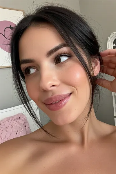 an intimate closeup portrait of a sultry milf posing sensually in her cozy bedroom with minimalist feminine decor, huge expressive eyes in a coy flirty side-eye glance, she has soft dark brunette in a casual messy low updo, she flashes a bashful lopsided grin and blushes prettily, her luscious oval lips have soft pillowy creases, the aesthetic is a showcase of amateur girl-next-door appearance creating striking non-conventional beauty, she reaches up to coyly tuck stray strands of hair behind her ear