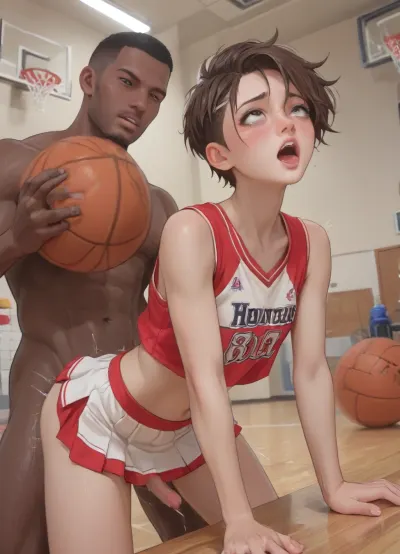 ((anime style)), (Thick outline:1.4), ((Cartoon Style:1)), ((Hentai)), (seen from the side), gay, interracial, indoor basketball court, slender twink in cheerleader costume and skirt, slim, petite, small twink penis visible poking out under the skirt, short shaved pixie cut hair, freckles, twink slut getting fucked by a tall basketball player. Anal sex, getting fucked from behind, doggystyle, a big black man, large penis, (body shaking orgasm, screaming orgasm, ahegao), score_9, score_8_up, score_7_up, score_6_up, style anime, inspired illustration, oda, non, front view, <lora:outline_xl_kohaku_delta_spv5x:1.9>, <lora:cartoon_stickers_xl_v1:.5>, <lora:AshMilkshake_Illustrious_v1:1.1>, <lora:NEOTOKIOXL_0.2_RC:.5>, <lora:Ppolar-P3v1-NbVp10:.8>
