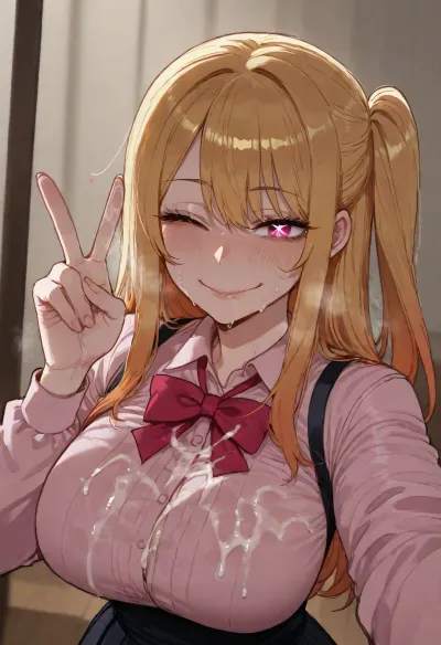 (ratatatat74), (Hoshino_Ruby from Oshi no ko, blonde), peace sign, smile, wink, bukkake, covered in cum, excessive cum, selfie, <lora:ratatatat74-000050:2>
