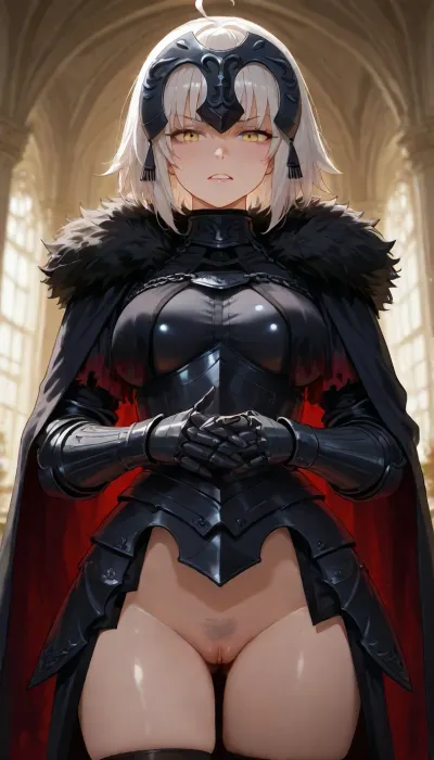 high quality semi-realistic anime render, 1girl, solo, flat tiny breasts, beauty girl, pubic hair, clitoris, she stay in fashion model pose, cozy girl bedroom.

a beautiful character with balanced proportions and well-made, Jeanne d’Arc Alter from Fate/Grand Order, she has yellow eyes, short grey hair. Wearing a black armored dress with a boobplate, black thighhighs, gauntlets, and a fur-trimmed cape, the girl is cute, tiniest girl, with a little body that is significantly small, with an ultra short size, suitable for small and tiny anime characters, has tiny flat chest, ivory skin, eyes with heterochromia, short grey hair with long locks, very messy hair, short twintails, arched bangs, the girl is frustrated, teeth clenched, tense brows, hands gripping tightly, she is looking at hands.

-.
beautiful lake scenery, with a path and some beautiful trees around
