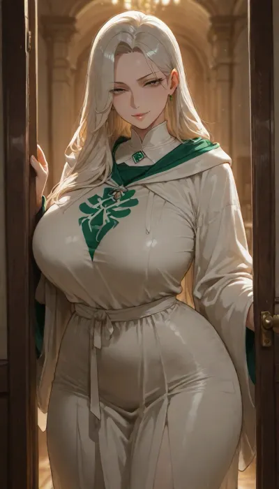masterpiece, best quality, absurdres, newest, highres, very aesthetic, 1girl, solo, mature female, adult, white_hair, long_hair, platinum_blonde_hair, grey_eyes, pale_skin, slender, sharp_features, smirk, slytherin, green_and_silver_robes, standing, looking_at_viewer, detailed_face, detailed_eyes, soft_lighting