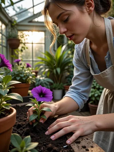 A beautiful woman with gentle features in a glass-paned greenhouse, carefully planting a vibrant purple petunia into rich, dark potting soil. She is wearing a linen apron over a light blue blouse, with flecks of earth on her hands and fingers. The lighting is natural, featuring golden hour sun filtering through the glass of the greenhouse, illuminating the lush greenery. The colour palette consists of deep emeralds, terracotta browns, and soft floral violets. The style is photorealistic with sharp focus, shallow depth of field, and rich textures in the foliage and potting mix. The atmosphere is serene and tranquil, with intricate details reflecting a lush, thriving botanical sanctuary.