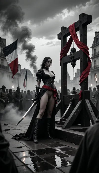 A cinematic historical scene set during the French Revolution at an execution square. A powerful, seductive female figure stands near a guillotine on a Paris square, confident and unbroken, her posture calm and defiant. Crowd silhouettes fade into mist, revolutionary banners and tricolor flags torn by wind. The scene is rendered mostly in black and white, with a single strong color contrast, deep crimson accents on the ribbon, flag details, and subtle reflections on the blade. Dramatic overcast sky, heavy clouds, smoke and dust in the air, torchlight flickering. High contrast chiaroscuro lighting, minimalist palette, strong symbolism, epic composition, cinematic depth, ultra-realistic textures, sharp focus, prestige historical mood, 4K quality.