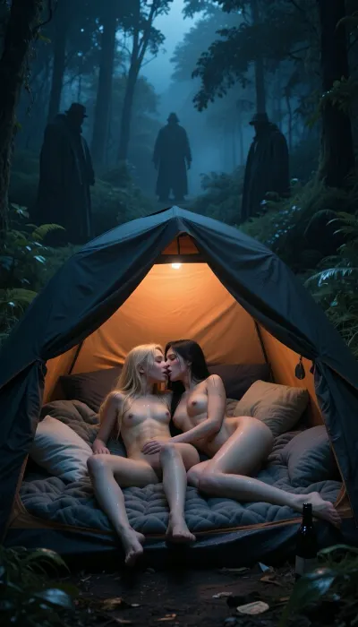 Fantasy setting, CGI render with deliberate imperfections, saturated deeply in ultra dark blue tones, the entire image dramatically An ominous scene.A dark, foggy, nighttime forest with dense foliage.In the middle of the forest stands a tent. absolute foreground dominated by a single camping tent viewed closely from outside through its slightly open entrance, the tent must read as a deep enclosed shelter rather than an open canopy, the dark entrance area remains visibly empty for at least one full body length, creating a clear dark foreground corridor of tent floor before the women begin, deep inside the rear half of the tent two cute girl, both 24 years old, form the unmistakable primary focal point, dimmed orange ambient light inside the tent, one with long blonde hair, angelic makeup athletic built, firm tits, long nipples, blue eyes and one with long black hair, detailed nipples, and bubble, clearly different faces and appearances, they lie comfortably together on a thick insulated sleeping mat far behind the entrance plane, their heads and upper bodies oriented toward the tent opening while their legs extend deeper toward the closed rear wall of the tent, both women completely underneath the tent roof and sidewalls, no part of either body outside the tent, no feet or legs crossing the entrance threshold, surrounded on every side by rumpled blankets, sleeping bags and soft pillows, creating a protected deeply nested cozy sleeping space, they cuddle closely and kiss with joyful passionate intimacy, pale skin mostly falling into soft dark green shadow, wet disheveled hair, expressive faces, the warm interior glow remains faint and diffused, gently illuminating the rear sleeping area without bright skin highlights, the entrance itself stays darker and visually separates the women from the outside storm
Girls, long legs, slender. Silhouettes of male figures in the attire of sectarians are visible from the bushes and the fog.. An ominous fog hangs in the air around the tent. Inside the tent lies an empty wine bottle.. The bushes behind the tent are as tall as a person.