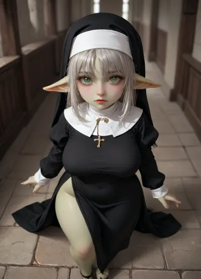 shortstack female goblin, soft platinum hair styled in a messy bob, shimmering gold eyes, pale green skin, high angle view, sexy black and white nun catholic dress, ((sexy black and white priestess dress)), black short dress, wide-hips, goblin ears, goblin pale-green color skin, big breast, thigh thick, StackedShortstack, punishnun, <lora:Stacked_Shortstacks_-_SDXL-000009:2>, <lora:punishnun_XL_reg1_-000003:1.5>