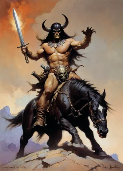 ((An original oil painting by Frank Frazetta, with the title "Death Dealer")), ((Music Albun Cover from the Band /Molly Hatchat)), ((Death Dealer 1)), 70`s fantasy paintings by Frank Frazetta, Frank, Frazetta, fr4z3tt4, <lora:fr4z3tt4:2>