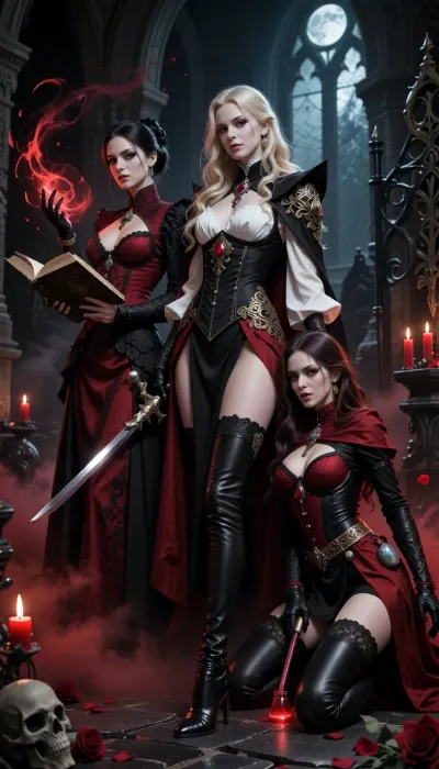 A dramatic dark gothic fantasy illustration depicting the three vampire brides of Strahd together inside an ancient crypt beneath Castle Ravenloft. The scene is cinematic, sinister, decadent and richly atmospheric, lit by red candles, cold moonlight through tall gothic arches, and swirling crimson mist close to the floor. Black stone, skulls, ironwork, scattered rose petals and ornate gothic details fill the background.

On the left stands Ludmilla Vilisevic, an elegant dark-haired vampire scholar and arcane controller. She has very pale skin, refined features, and a cold intelligent expression. Her long dark hair is styled in an aristocratic updo with subtle jewelry. She wears a floor-length burgundy, black and crimson gothic gown with embroidery, fitted sleeves and dark jewelry. She holds an ancient open spellbook in one hand, while the other is raised, surrounded by swirling crimson-black arcane energy like blood magic. She appears composed, calculating and intellectually dangerous.

In the center stands Anastrasya Karelova, the protector and martial guardian of the trio. She is tall, imposing and aristocratically beautiful, with very pale skin and long pale blonde hair in loose braids and waves. Her expression is proud, calm and commanding. She wears a striking black, ivory and dark red duelist outfit, an ivory blouse with voluminous sleeves under a fitted black corseted coat with brocade, gold filigree, red gemstones, a long dark red cloak and tall black leather boots. She carries an elegant ornate rapier held downward at her side. Her posture is upright, controlled and protective, clearly standing as the dominant centerpiece and bodyguard of the three.

On the right crouches Volenta Popofsky, the feral predator of the trio. She has very pale skin, wild dark crimson-red hair, predatory eyes, visible fangs and a cruel delighted grin. She leans forward in an aggressive hunting pose, eager for violence. She wears asymmetrical black and blood-red gothic leather with straps, buckles, fingerless gloves and high leather boots. Small alchemical vials hang from her belt. She grips a bloodstained dagger in one hand and a small glass vial of glowing red liquid in the other. She looks like a vicious vampire assassin and unstable alchemist.

The composition should clearly show their different roles while keeping them visually unified, Ludmilla as arcane intelligence on the left, Anastrasya as the dominant protective centerpiece, and Volenta as the crouching violent predator on the right. Full-body or near full-body composition, slightly low camera angle, painterly realism, highly detailed fantasy illustration, rich gothic horror atmosphere, dark romantic horror, realistic anatomy, no modern elements.