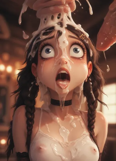 (((Style, vector art, 2d cel shaded, thick outline, jack cayless, personalami))), 1girl, petite, solo, very long pigtails, (detail Hermione Granger face), realistic cum, (cum on clothes), cum on, (Cum flows:1.5), (cum on body), cum on hair, (cum on face), bukkake, ((Clothes and body covered with semen)), (mouth wide open:1.4), (mouth filled with cum:1.5), beautiful face, (cum on hair:1.3), young adult woman, (detail thick white cum on hair), (detail thick white cum on face), (huge dick), (creamy deep deepthroat:1.1), (extreme oral sex:1.4), (huge massive white dick:1.4), (cum), (hands holding hair), close up, detailed and infocus face, extreme details, (volumetric lighting), (maximum quality:1.5), (high resolution:1.5), (maximum detailed:1.5), cum explosion from mouth, cum explosion from nose, wide eyes, throat bulge, puffy cheeks, thick cum, holding her head with both hands, photorealistic, anatomically right, man holding the back her head, sad, sad crying, tongue out, brutal face fuck, Blowjob, hard nipples, (five Black skin hyper large muscular men), (5 very large and hyper thick black cocks), (monster black cock:1.6), sweaty, steamy, detailed face, embarrassed expression, shy, blushing, looking at viewer, almost naked, hourglass waistline, perfect anatomic body, ass up, anal spitroast, gagging on cock, random pose, random view angle, ((hogtied, bound for sex, tied up)), (((hyper gigantic large black cock in mouth:1.3))), cum drips from nose, cum drips from mouth, (pulled nipples:1.2), nipple clamps, spitroast, hair grab, holding head, deepthroat, (((hyper large cock in mouth:1.3))), oral cream pie, screaming, shocked, tearful, deep anal penetration, (pigtails:1.3), cum explosion, post orgasm, last orgasm, shot from below, Uber realistic, 8k, ultra detailed, masterpiece, arched back, detailxl, 35mm photograph, film, professional, 4k, 5 boys, hdr, photographic, ultra realistic, ultra high details, back light, (front view), (dynamic pose), best quality, incredible body, anal sex, with large muscular black men, gargantuan black cocks, anal sex expansion, ravenous hyper sex, large hyper muscular black men, interracial gangbang, (interracial sex), swollen black veiny cocks, (double anal penetration), hardcore double penetration, proper physics, big black cocks, muscular black interracial gangbang, (forceful penetrations), extremely graphic, shocked expression, beautiful hands, massive cum in ass detailed background, dynamic angle, volumetric lighting, highly detailed, golden hour lighting, dramatic shadows, rich details, nature-inspired color palette, (eyes wide open in horror:1.24), (wide mouth spreader:1.5), (pleading expression:1.18), (terrified:1.12), (crying:1.2), (fear and panic:1.18), UHD 8K, (full bod small perky breasts, elbow gloves, choker, thighsocks, hairclip, legs spread, piercings, side-tie thong aside, chubby, soft bodied girl, showing pussy, eating a burger, arched back, ass stuck out)