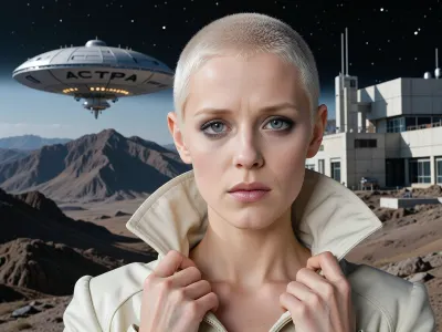 A movie poster in the style of the iconic 1980 Soviet science fiction film *Through Thorns to the Stars*. A close-up in the center of the composition, the alien Niya—an artificial human, a young woman with very short, spiky platinum-blonde hair. She has pale skin bathed in soft light, large expressive eyes, a serious expression, and is looking directly into the camera. She is wearing a light-colored jacket with a high stand-up collar, both hands are raised to her neck, holding the collar on either side, with her fingers rendered in detail and looking natural. Background, dark, starry space gradually blending into a pale-blue sky above the desolate, rocky mountain landscape of the planet Dessa, with its rocky slopes and plains. In the background, to the side in the sky, is a disc-shaped environmental aid spacecraft, (a “sewage-disposal ship”), with the word “ASTRA” in large letters on its hull and orange lights on the underside. On the other side, to the side, is a multi-story scientific building with windows, antennas, and technical structures. Soft, dramatic cinematic lighting, with emphasis on the face and collar, high photorealism stylized after a Soviet sci-fi poster from the 1980s, ultra-detailed, a masterpiece.