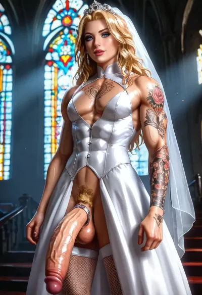 Tattooed, futanari bride, ultra youthful, very skinny, tattoos, inked, male pcctoral chest, blonde long bangs hair, Ultra definition image, (proud male chest in filigree lingeree:1.3), high chest muscular, teasing, (massive thick very detailed girthy cock:1.2), (excessive blonde pubic hair), knees, clad in expensive filigree wedding sheer-dress, net stockings, bridal black veil, flowers, ((Ultimate realistic photo details)), (((dynamic sexy bride pose))), (((bright sunlight, sunbeams, godrays, shiny golden cockring))), modern white ceremony, (filigree white bodysuit), stained glass windows in modern white church, detailxl, amateur, epiCNegative, httlvn, tcs, modern, church, warm, light, cinematic, 3200k, hyper broad shoulders, big, muscle, large, hyper, huge, thick, limbs, thighs, arms, <lora:flat_chested_v3.5:1.1>, <lora:bodybuilder:2>