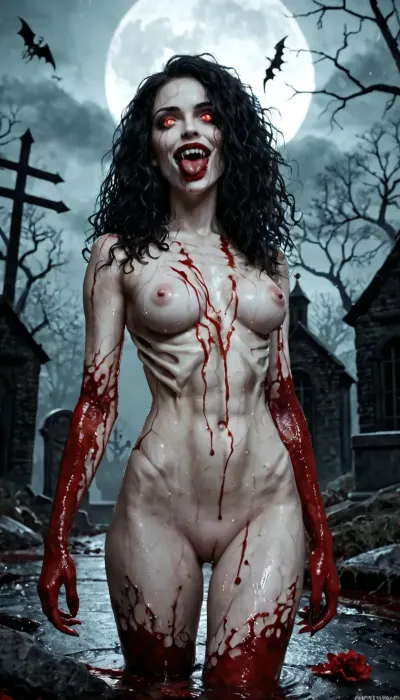 Adult pornstar, adult pornactress doing a porno scene, adult pornoactress in a porno scene, adult woman, (excessive petite, extremely gracil, Ultra skinny, petite body, skeletal body structure, visible ribs, blood-covered face, blood-soaked body, enormous amounts of blood, torrents of blood, blood splattered everywhere, blood dripping from mouth, blood smeared across skin, blood-soaked hear:1), (original, 1girl, nude, small rounded protruding breasts, solo, vampire, monster girl, evil vampire, terrifying expression, predatory grin, extremely long fangs, open mouth, long tongue, glowing white eyes, pale skin, extremely skinny body, skeletal body structure, visible ribs, skeletal arm, skeletal hand, deep scars, numerous cuts, wounds, blood-covered face, blood-soaked body, enormous amounts of blood, torrents of blood, blood splattered everywhere, blood dripping from mouth, blood smeared across skin, blood-soaked hear grotesque horror, guro aesthetic, extreme gore, horrifying appearance, sinister atmosphere, gigantic mass of blood, pools of blood on the ground, blood-stained tombstones, scattered bones, exposed skeleton, skeletal remains, graveyard, ancient tombstones, dead trees, twisted branches, dense fog, dark storm clouds, heavy rain, rain-soaked skin, wet surface, pitch-black night, almost no ambient light, deep black shadows, oppressive darkness, eerie atmosphere, supernatural horror, terrifying presence, ominous lighting, faint moonlight through storm clouds, glowing eyes piercing the darkness, extremely long gigantic black hair, enormous volume of hair, wildly disheveled hair, tangled hair, soaked hair, windblown hair, hair spreading dramatically around the body, hair extending far below the waist, chaotic strands covering parts of the face, side view, standing, dynamic silhouette, horror movie atmosphere, nightmare fuel, disturbing imagery, dark fantasy, gothic horror, cinematic composition, high contrast, dramatic rim lighting, volumetric fog, rain streaks, wet reflections, grim atmosphere, abandoned cemetery, ancient graveyard, supernatural darkness:1)