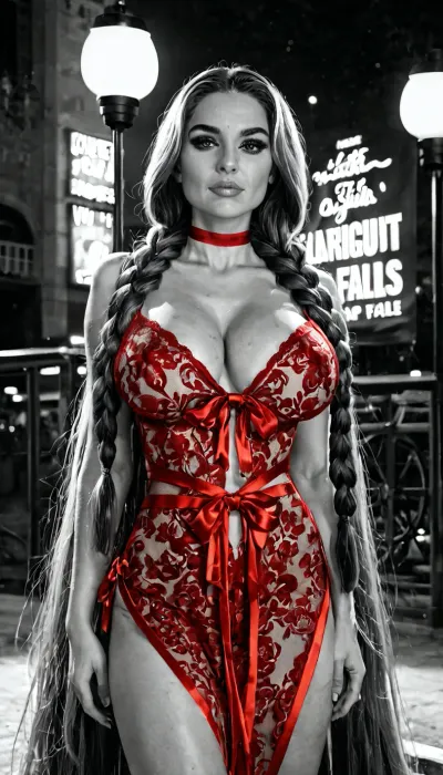 girl, red, lips, cute, face, push up, breasts, standing, lingerie, sky, rain, masterpiece, art, art style, sexy, mature, theatre