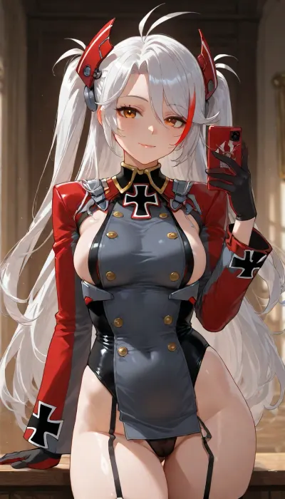 high quality semi-realistic anime render, 1girl, solo, flat tiny breasts, beauty girl, pubic hair, clitoris, she stay in fashion model pose, cozy girl bedroom.

a beautiful character with balanced proportions and well-made, Prinz Eugen from Azur Lane, she has orange eyes, long hair, white hair, streaked hair, two side up. Wearing iron cross, headgear, machinery, red long sleeves, gray double-breasted, gray sideboob, clothing cutout, black gloves, two tone gloves, the girl is cute, tiniest girl, with a little body that is significantly small, with an ultra short size, suitable for small and tiny anime characters, has tiny flat chest, ivory skin, eyes with heterochromia, very short red hair, spiked hair, twin braids, asymmetrical bangs, the girl is loving, soft smile, warm eyes, gentle posture, she is looking at phone.

-.
beautiful lake scenery, with a path and some beautiful trees around